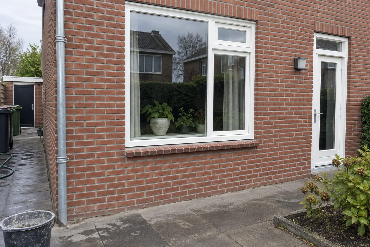 Verzorgde bakstenen gevel met strak geschilderde witte kozijnen