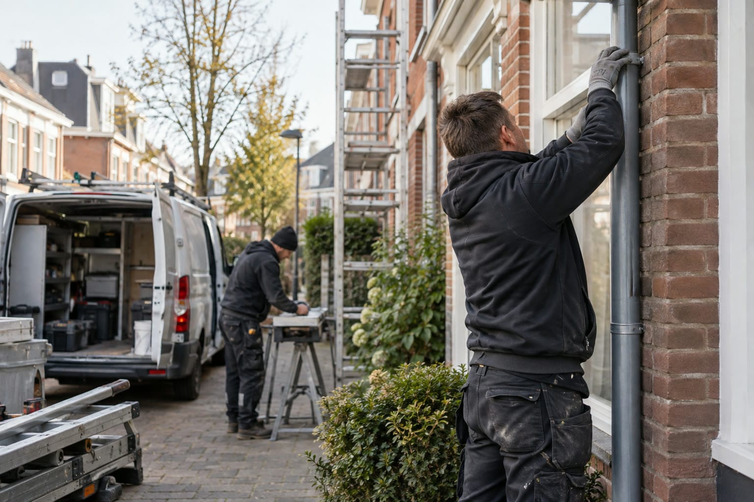 Het vaste team vaklieden van Gevelrenovatie Den Haag bij een bakstenen gevel