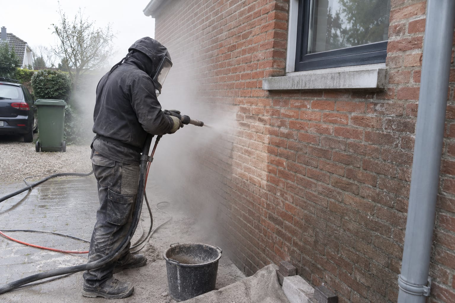 Gevelreiniger straalt een vervuilde bakstenen gevel vakkundig schoon