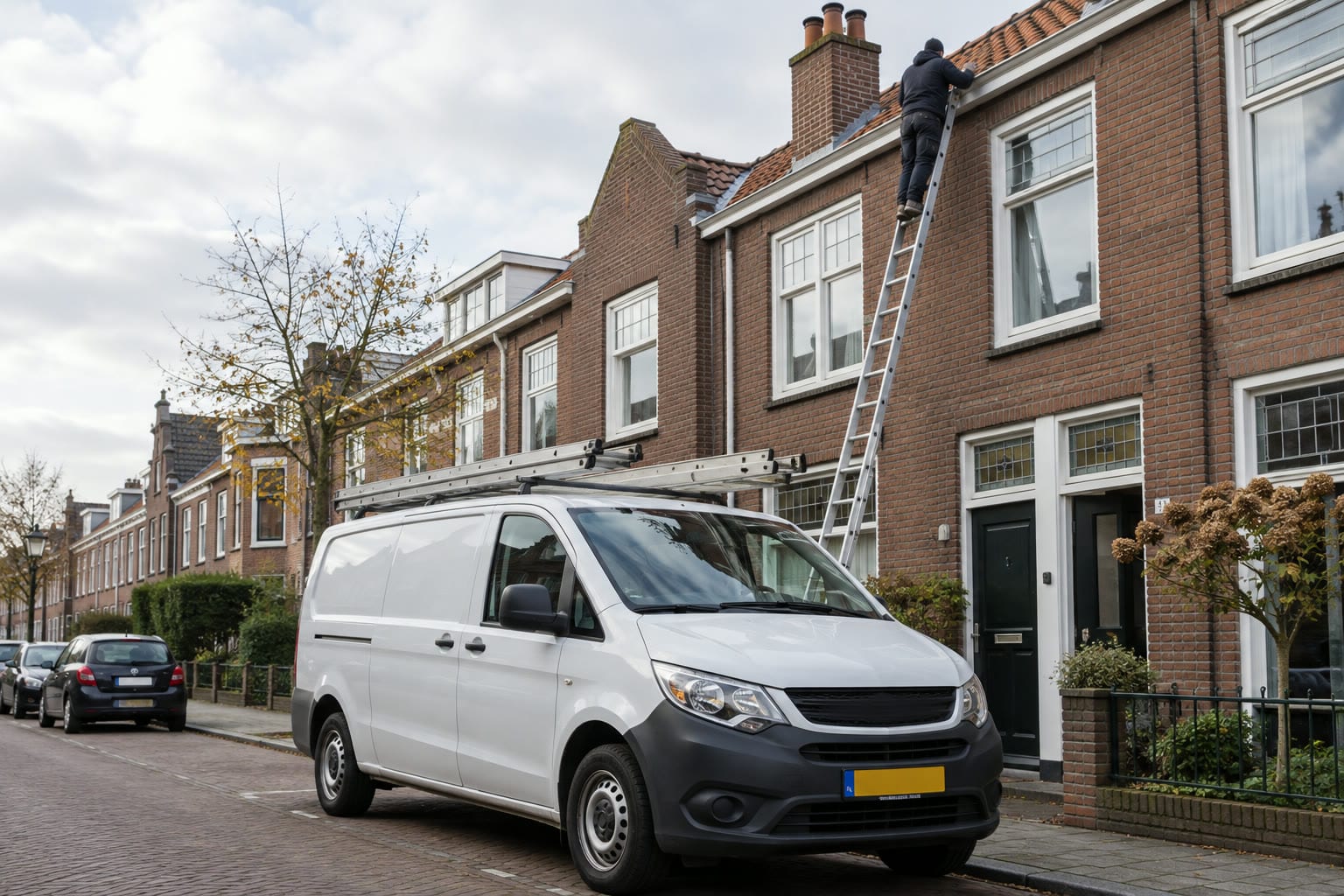 Vakman op een ladder controleert de dakrand en gootafwerking van een bakstenen woning.