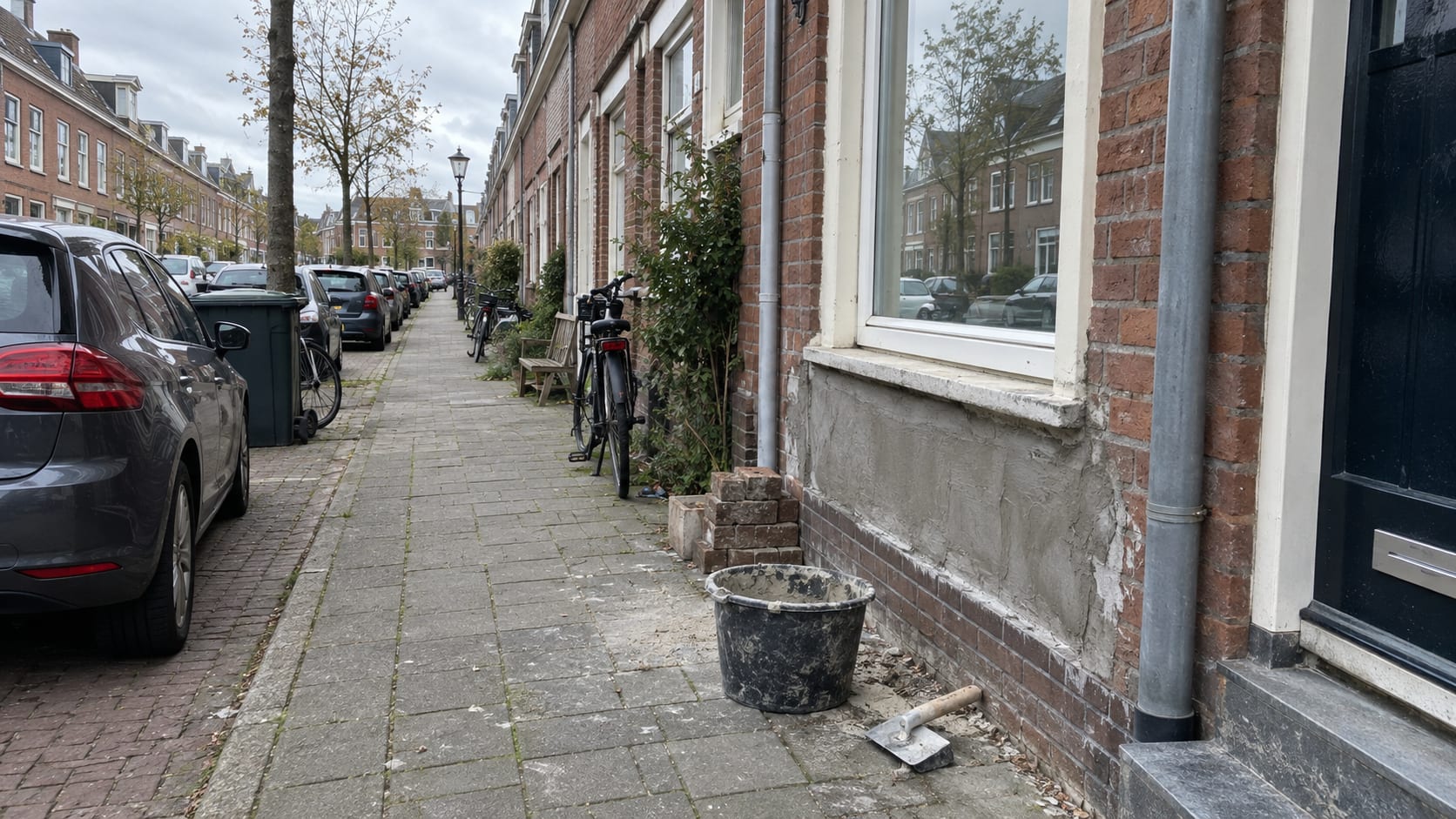 Een Haagse woonstraat met bakstenen rijtjeswoningen, stoep en fietsen.