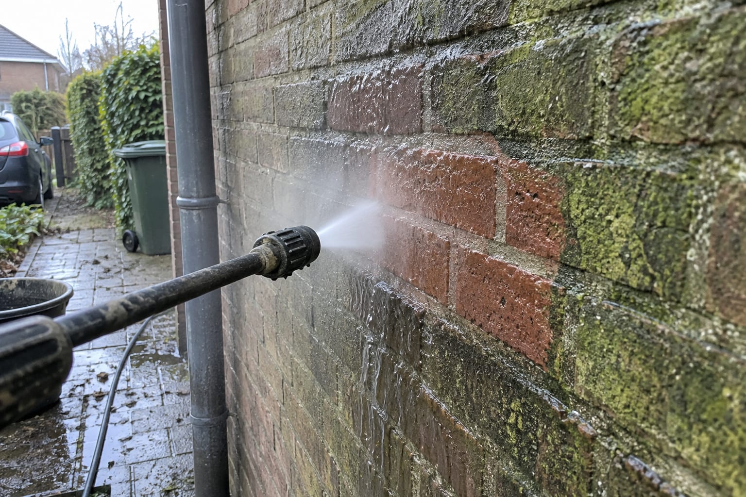 Hogedrukreiniging van een vervuilde bakstenen gevel, met een duidelijke schone baan naast de aanslag.