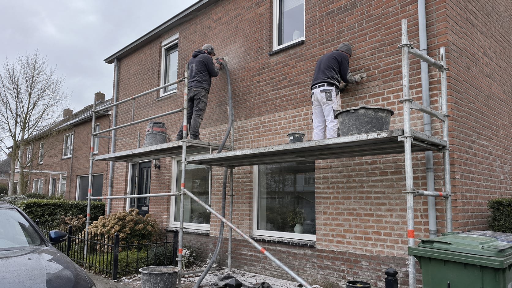 Twee vaklieden op een bouwsteiger: de een slijpt het oude voegwerk uit, de ander brengt nieuwe voegspecie aan.